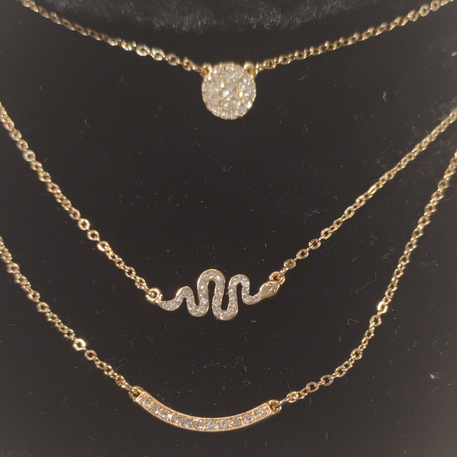Gold-Tone Layered Cable Chain Necklace Pavé Rhinestone Charm Pendants Adjustable