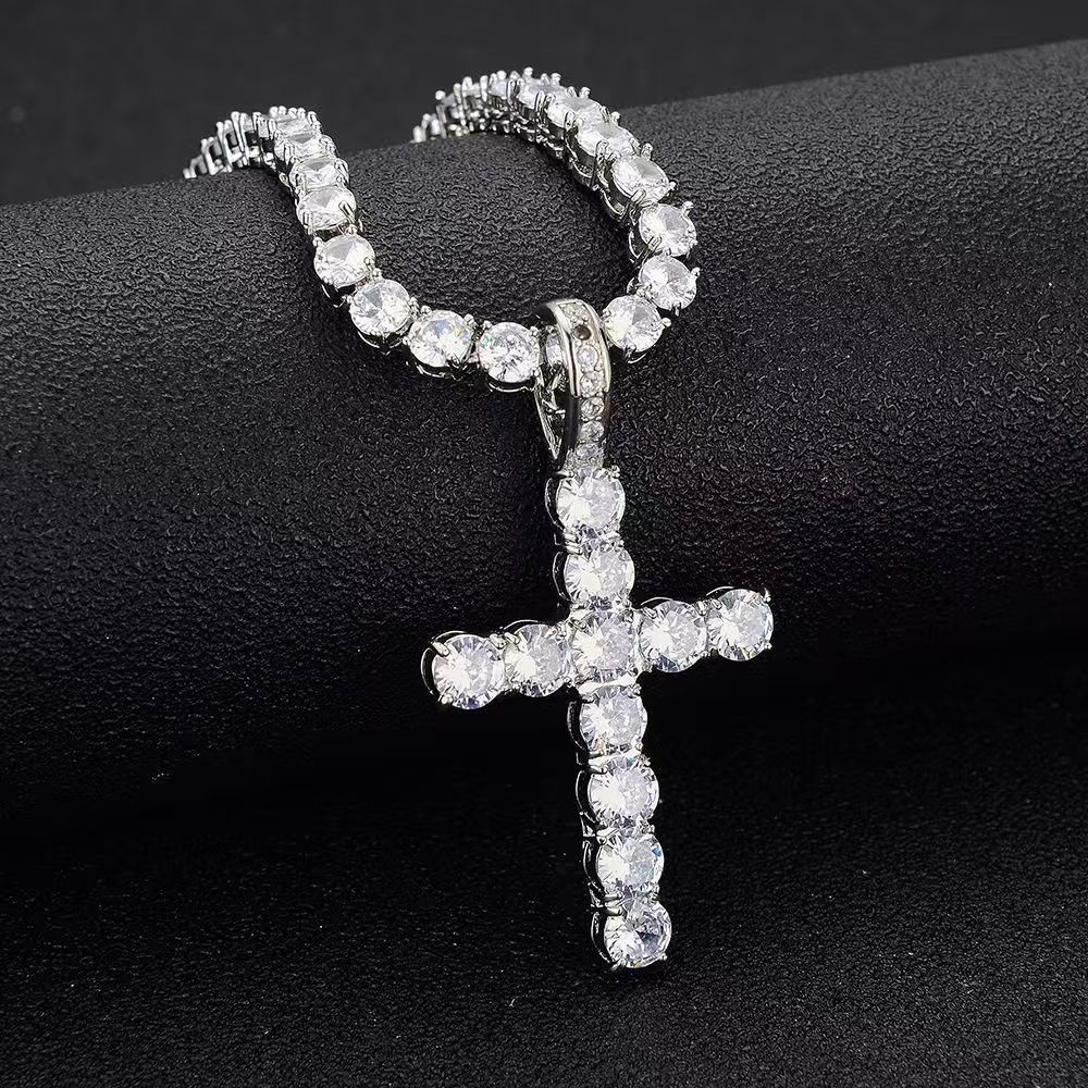 Silver Layer Tennis Chain Cross Pendant Hip Hop Unisex Bling Layering Necklace