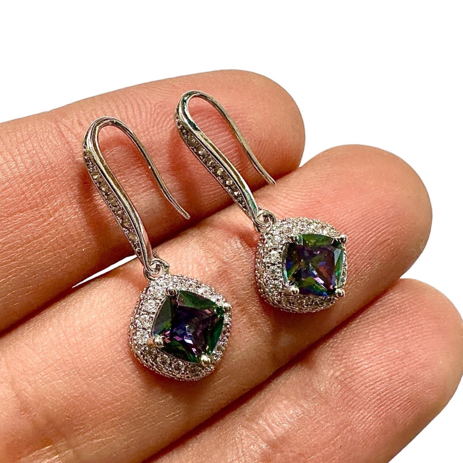 Mystic Topaz CZ Earrings 6mm Silver Plated 35mm Rainbow Dangle Drops