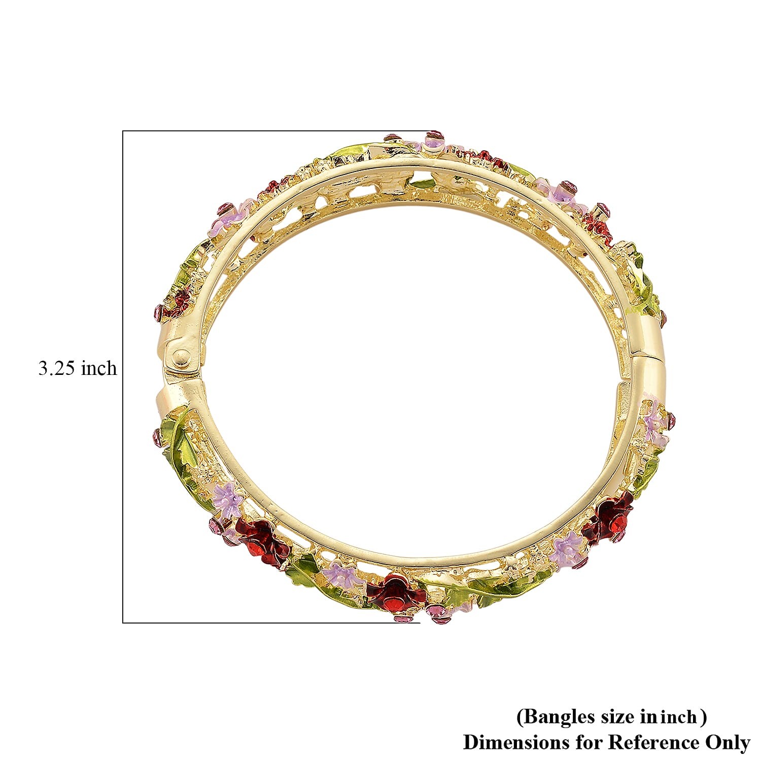 Red Pink Crystal, Multi Color Enameled Floral Bangle Bracelet Goldtone 7-7.5In