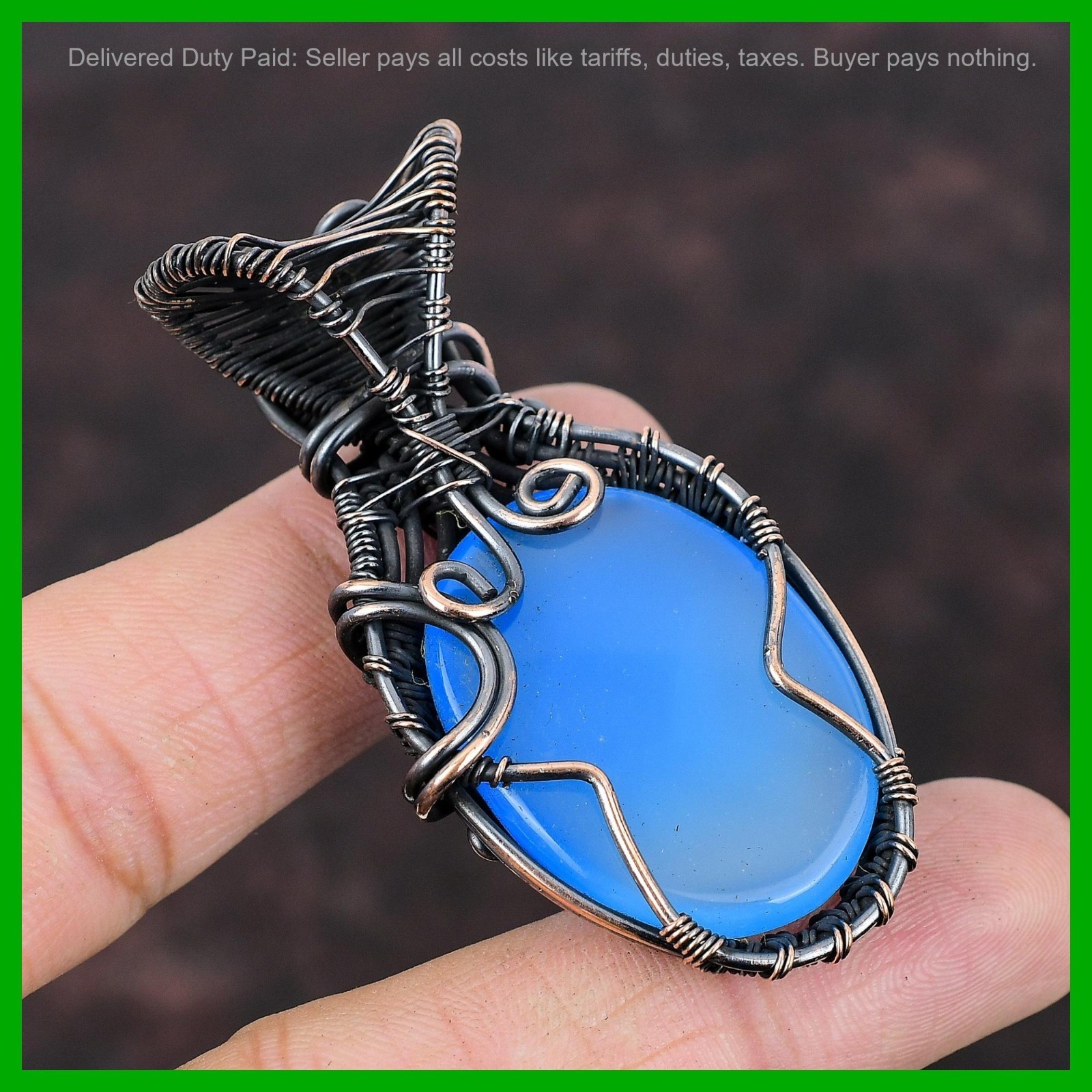 Halloween Sale Oval Blue Chalcedony Gemstone Copper Wire Wrapped Pendant Jewelry
