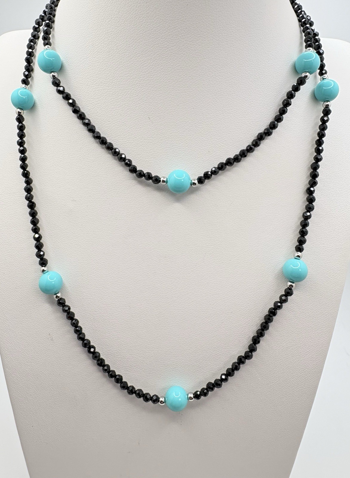 Sleeping Beauty Shell Pearl Black Spinel Endless Beaded Necklace 77.00 ctw 30”