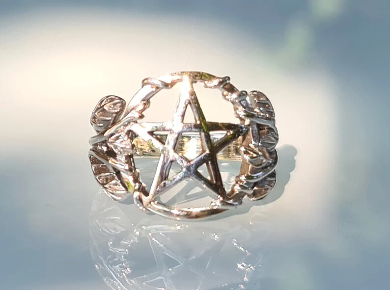 Pentagram Ring STERLING SILVER 925 Floral Pentacle Sacred Symbol 5 pointed star