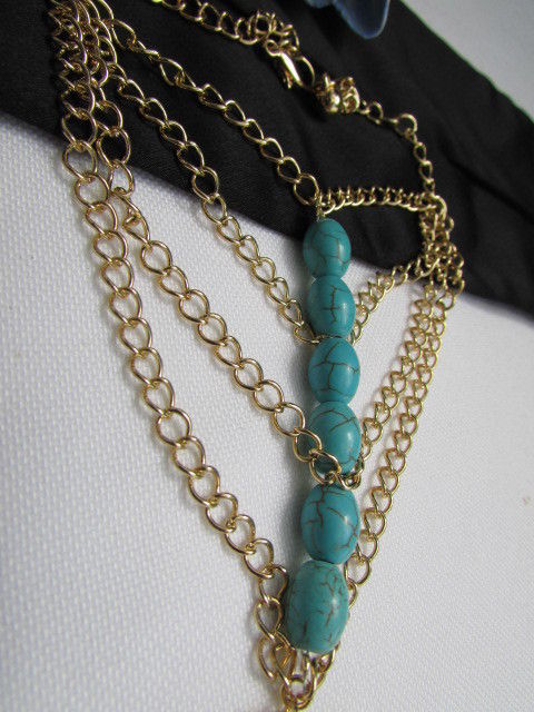 WOMEN GOLD FASHION JEWELRY HAND CHAINS TURQUOISE BLUE BEADS BRACELET SLAVE RING