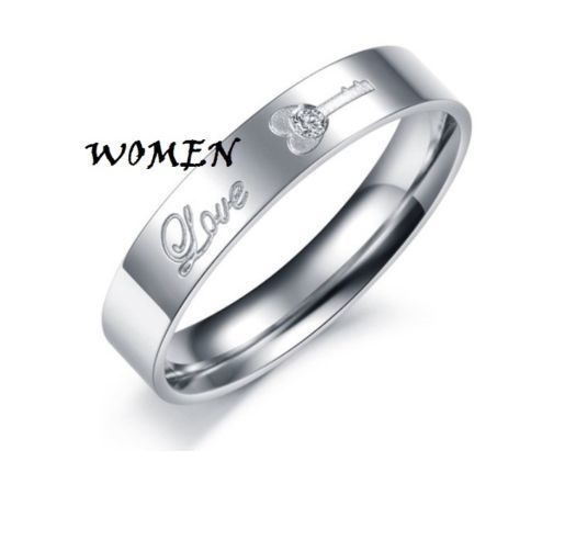 Titanium Stainless Steel CZ Love Lock & Key Promise Ring Couple Wedding Gift