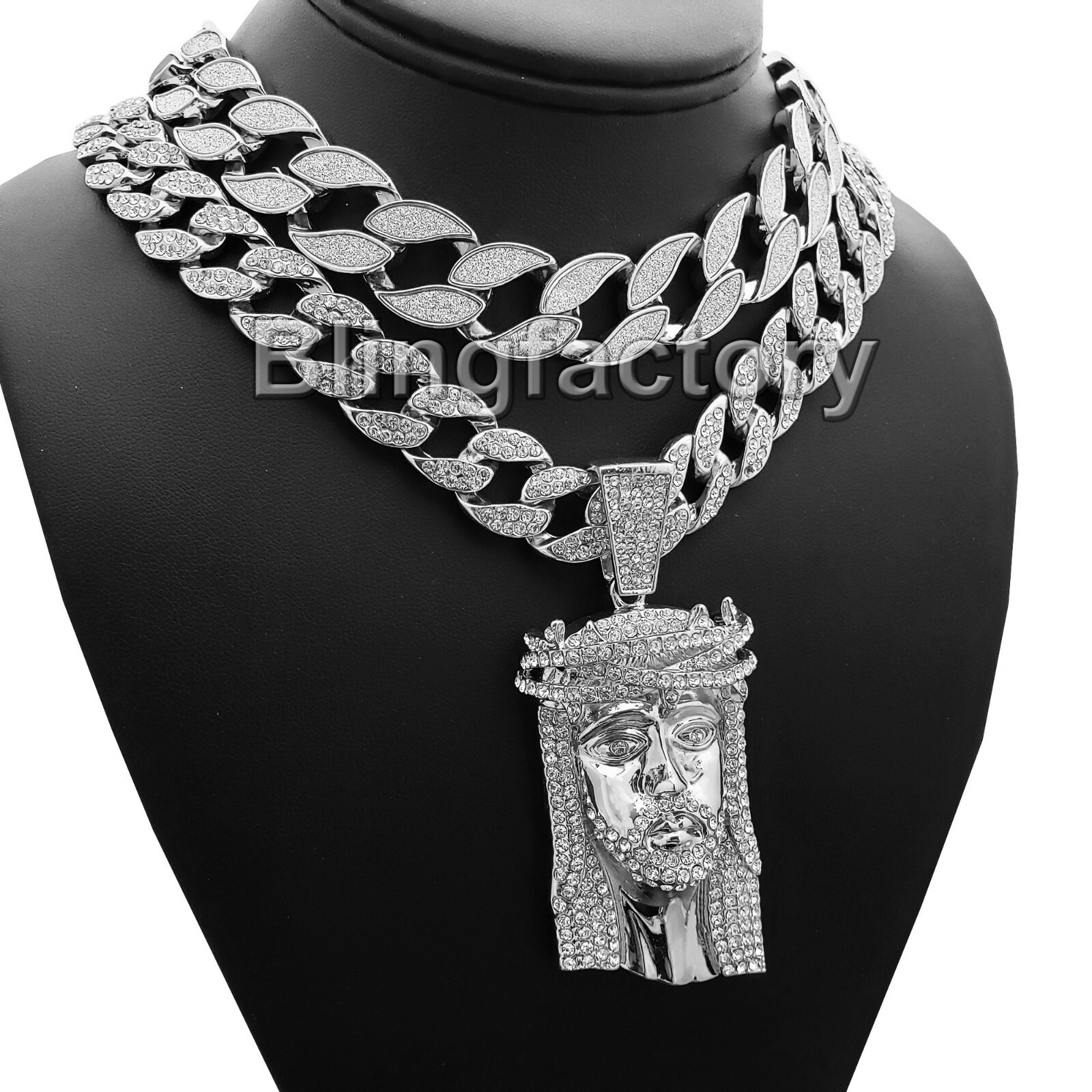 Hip Hop Large Jesus Head & 20″ Full Iced & Glittered Cuban Choker Chain Necklace