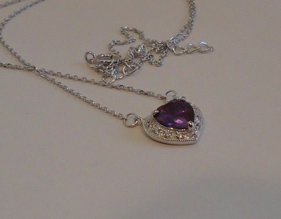 HEART NECKLACE PENDANT W/ LAB DIAMONDS & AMETHYST / 925 STERLING SILVER /18”