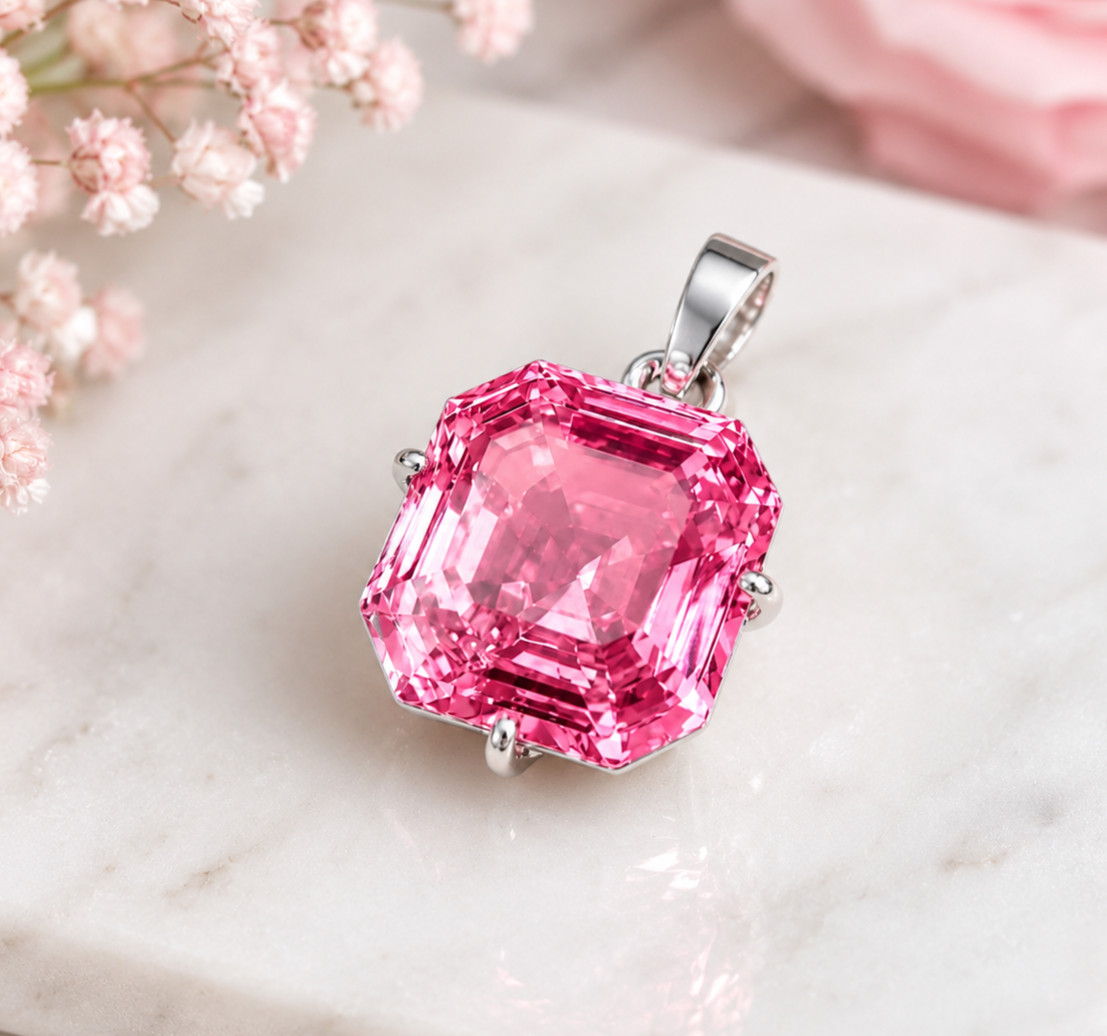 20CT Pink Sapphire Pendant, 925 Sterling Silver Necklace, Asscher Cut CERTIFIED