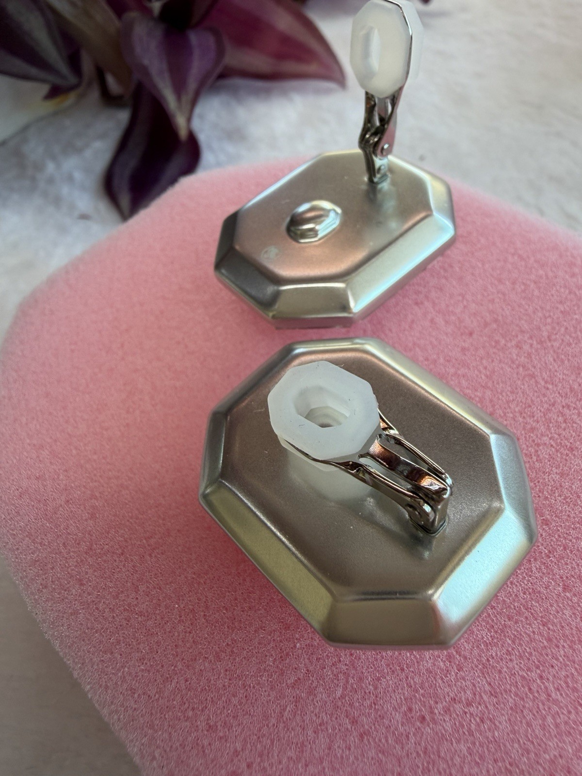 Swarovski Octagon Cut White Aluminum Metal Lucent Clip-On Earrings