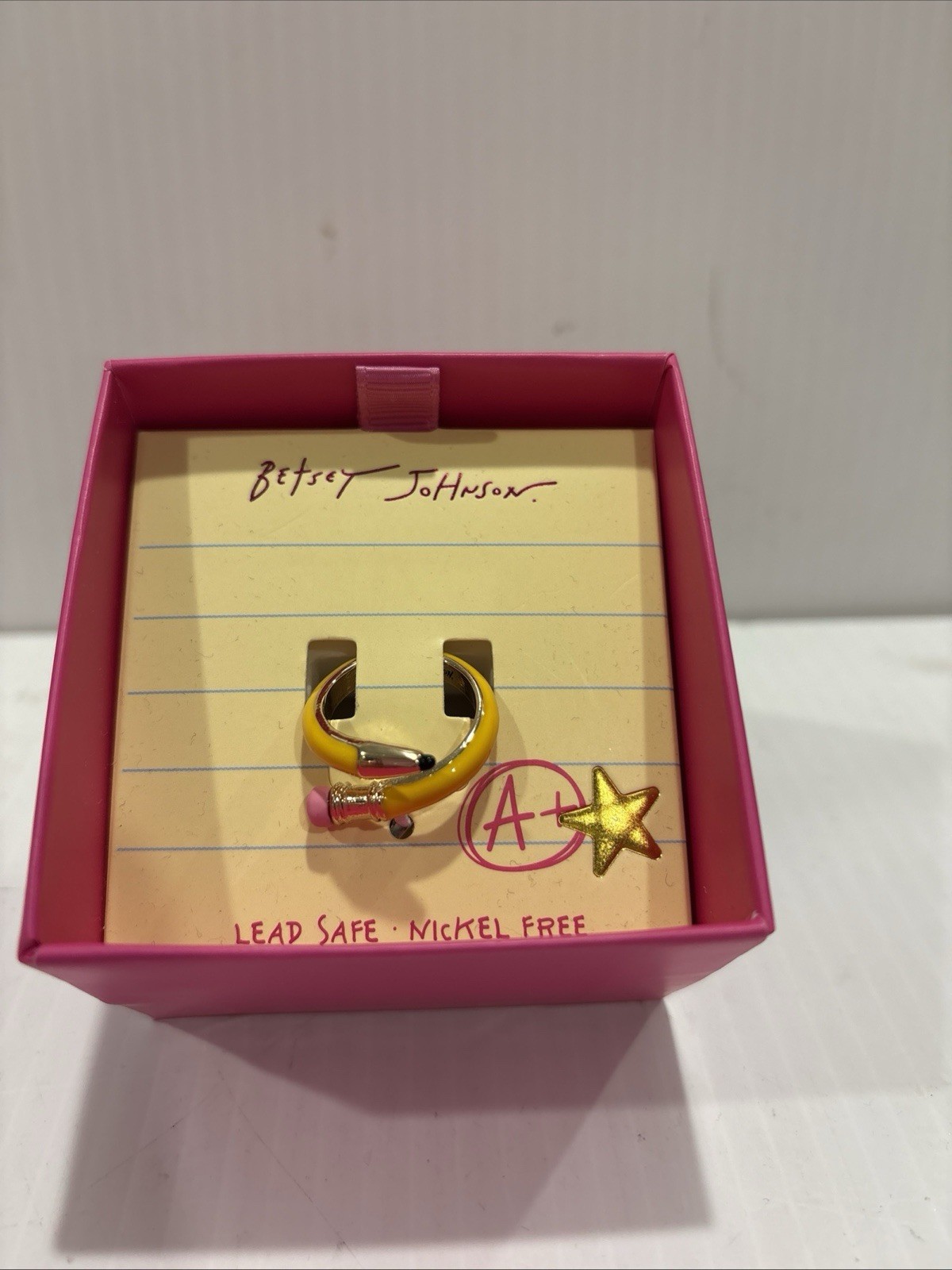 Betsey Johnson Curved Yellow Pencil & Pink Eraser Wrap Ring Size 7.5 NWT & Box