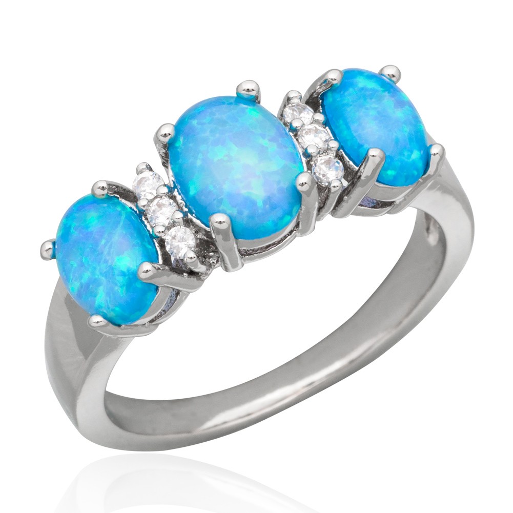 Three-Stone Ocean Blue Fire Opal Cabochon CZ Silver Jewelry Ring Size 6 7 8 9