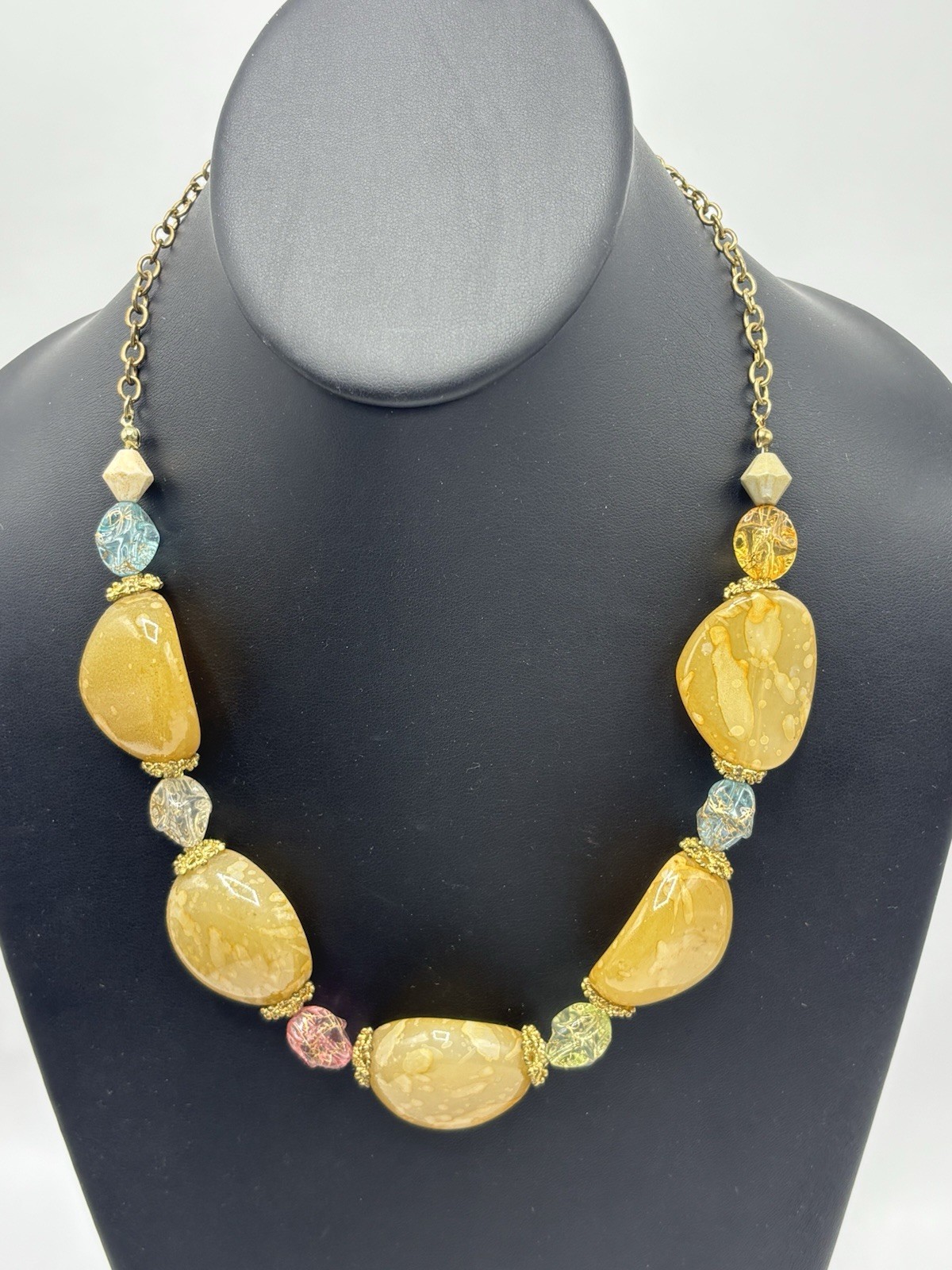 Yellow Acrylic Beaded Necklace Statement Chunky Fashion Jewelry Gold Tone