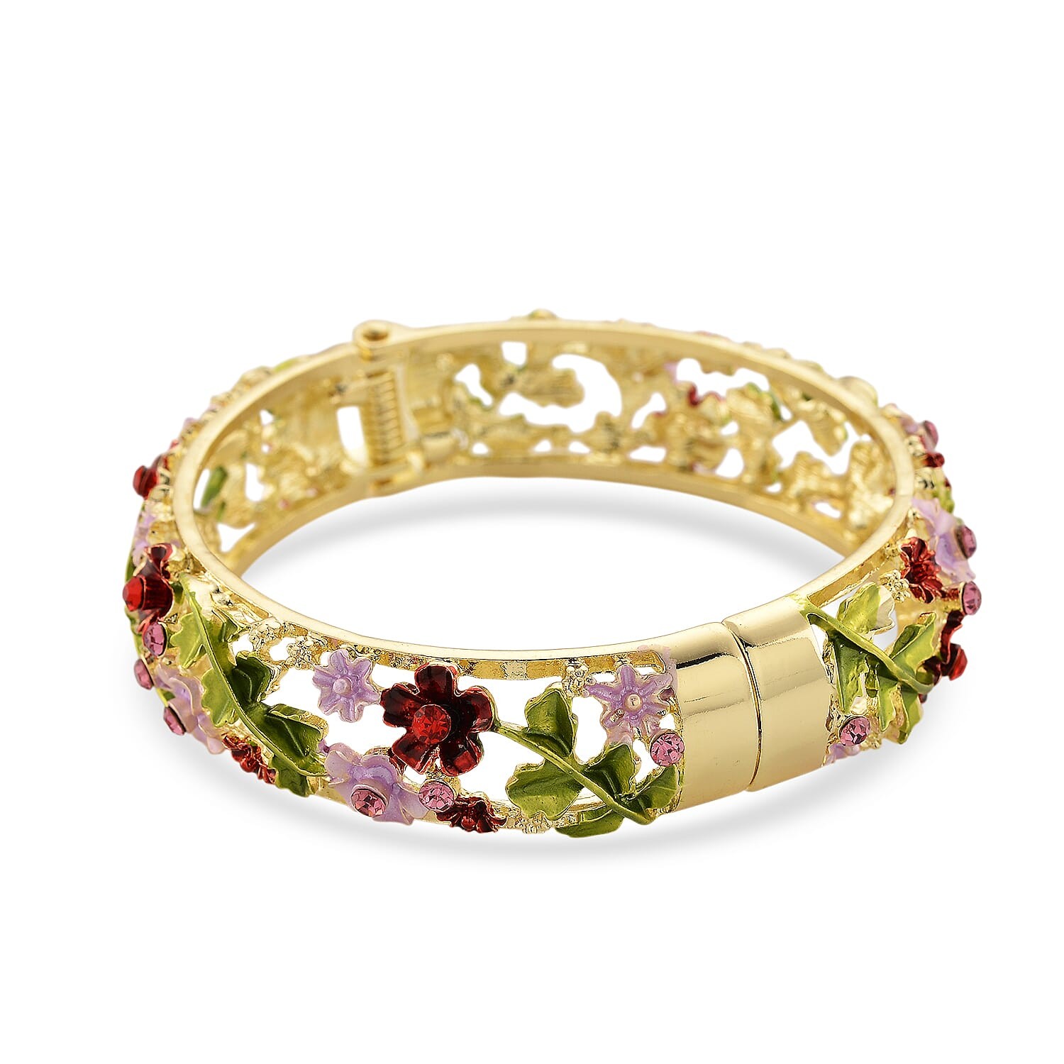 Red Pink Crystal, Multi Color Enameled Floral Bangle Bracelet Goldtone 7-7.5In