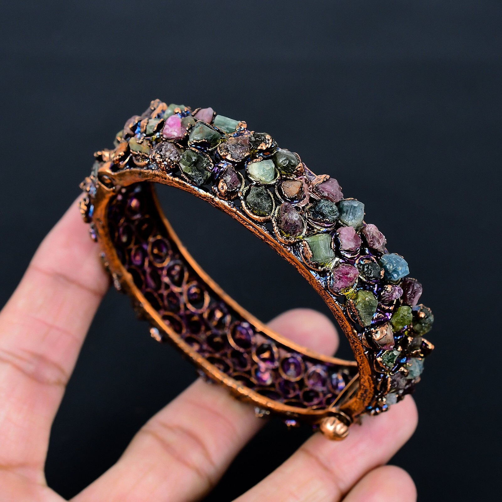 Multi-Tourmaline Balancing Gemstones Copper Wire Wrap Handmade Bangle Jewelry