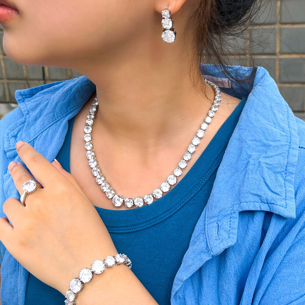 Silver Plated CZ Yellow Big Round Wedding Jewelry Necklace Earrings Bracelet Set