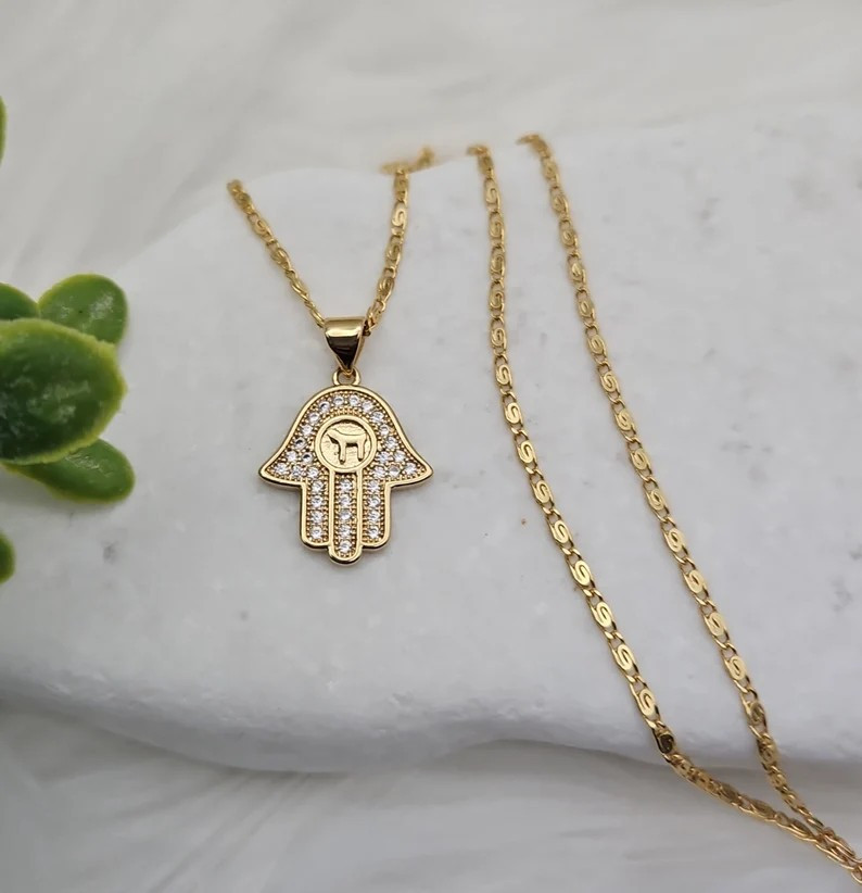 Gold Hamsa Necklace, 14k Heavy Plated Gold, Small Dainty CZ Hamsa Necklace,