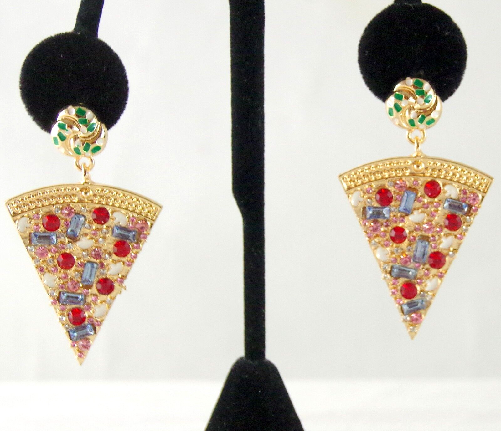 2.25″ BETSEY JOHNSON PIZZA SLICE CRYSTAL RHINESTONE/ ENAMEL DROP DANGLE EARRINGS