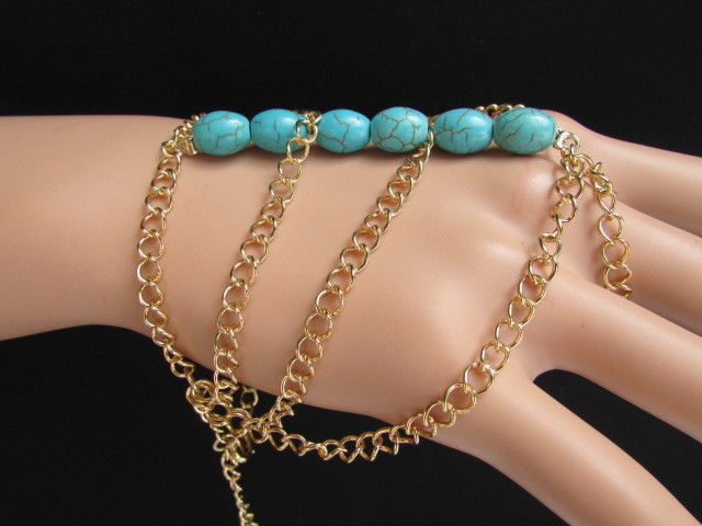 WOMEN GOLD FASHION JEWELRY HAND CHAINS TURQUOISE BLUE BEADS BRACELET SLAVE RING