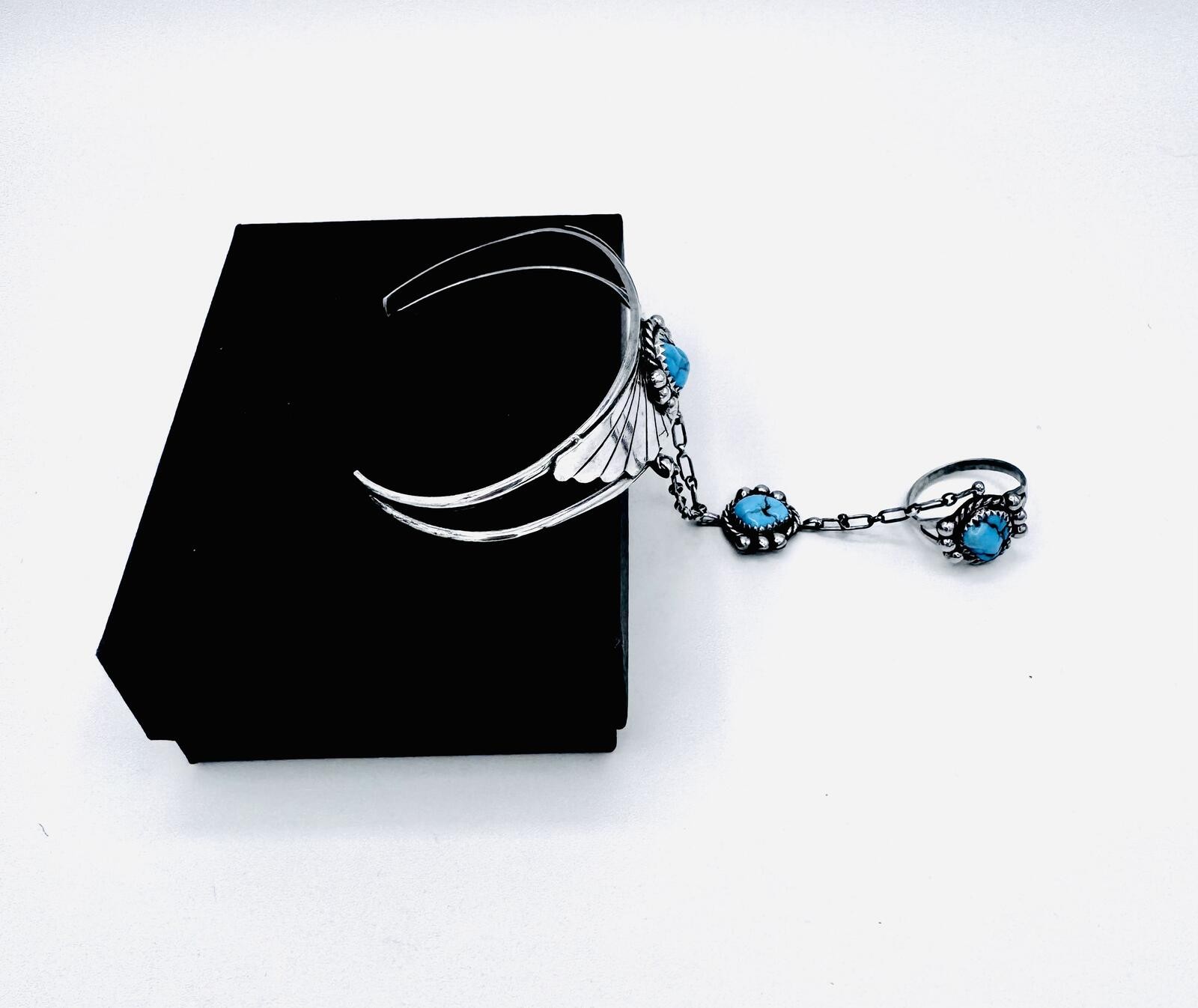 Navajo Native American sterling silver slave cuff;bracelet to hand chain to ring