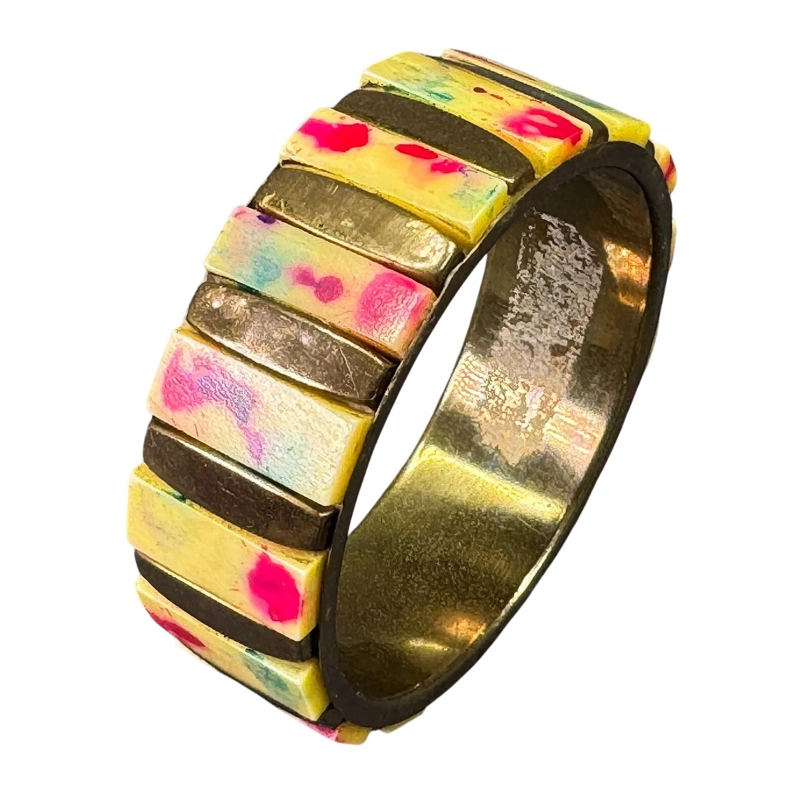 Vintage Color Splatter Splash Painted Bone Inlay Brass Bangle Bracelet