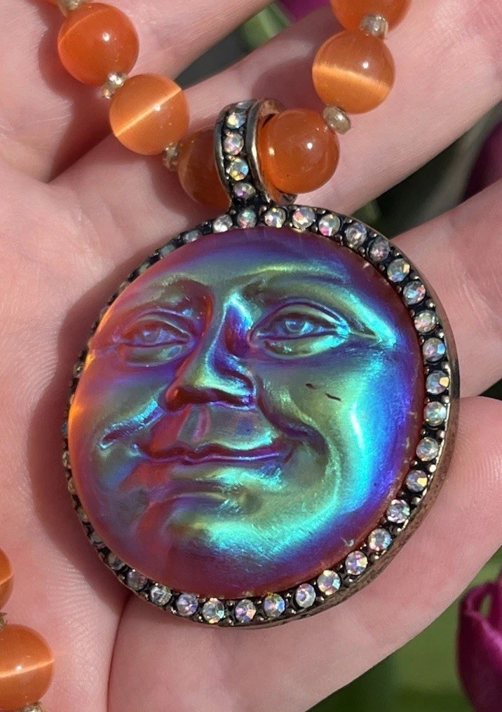 Kirk’s Folly Style Inspired Sea view Moon Face Orange Glow Necklace Rhinestone