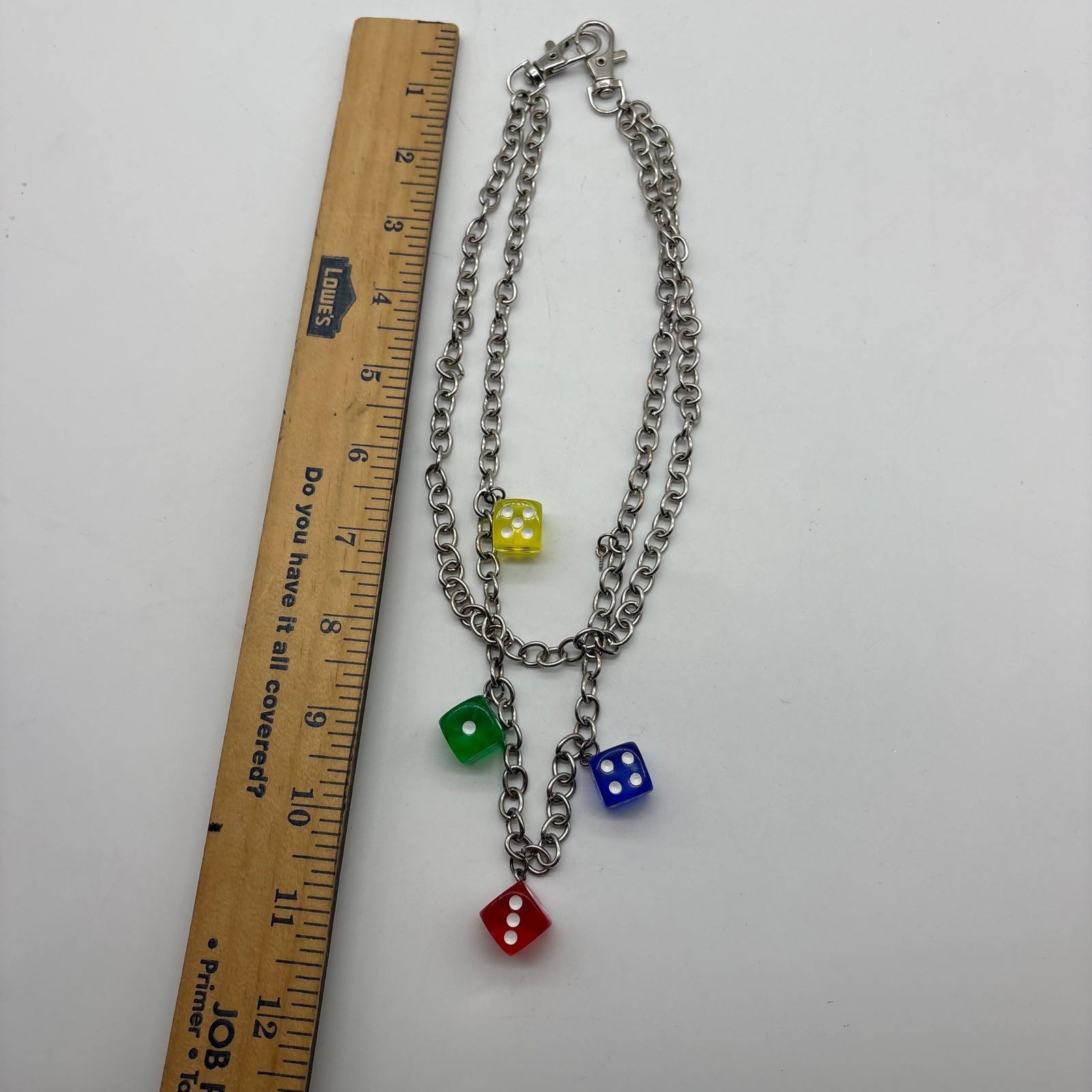 Silver Tone Double Layered Chain Necklace with Multicolor Translucent Dice