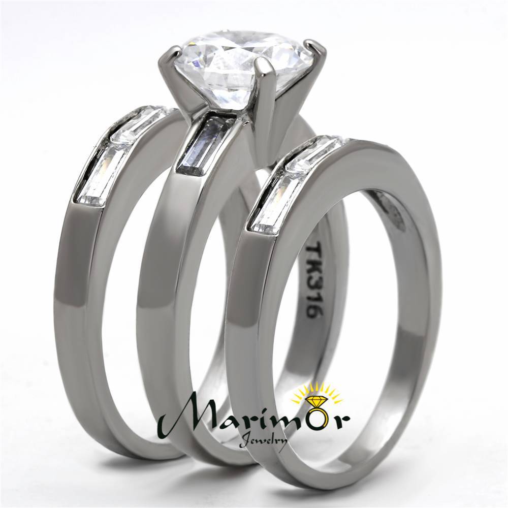 4.35 Ct Cubic Zirconia Stainless Steel Engagement Wedding Ring 3 PC Set Sz 5-10