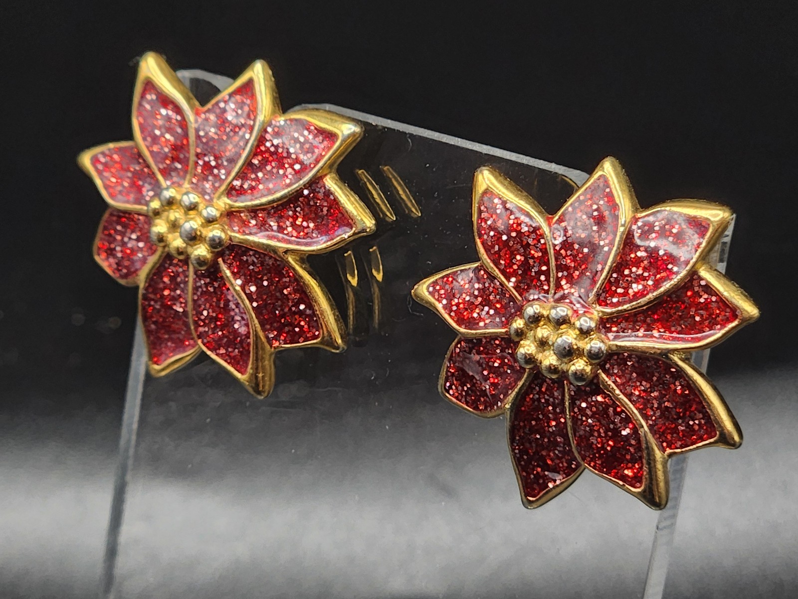 Vintage Red Glitter Poinsettia Earrings Gold Tone Christmas Flower Stud Earrings