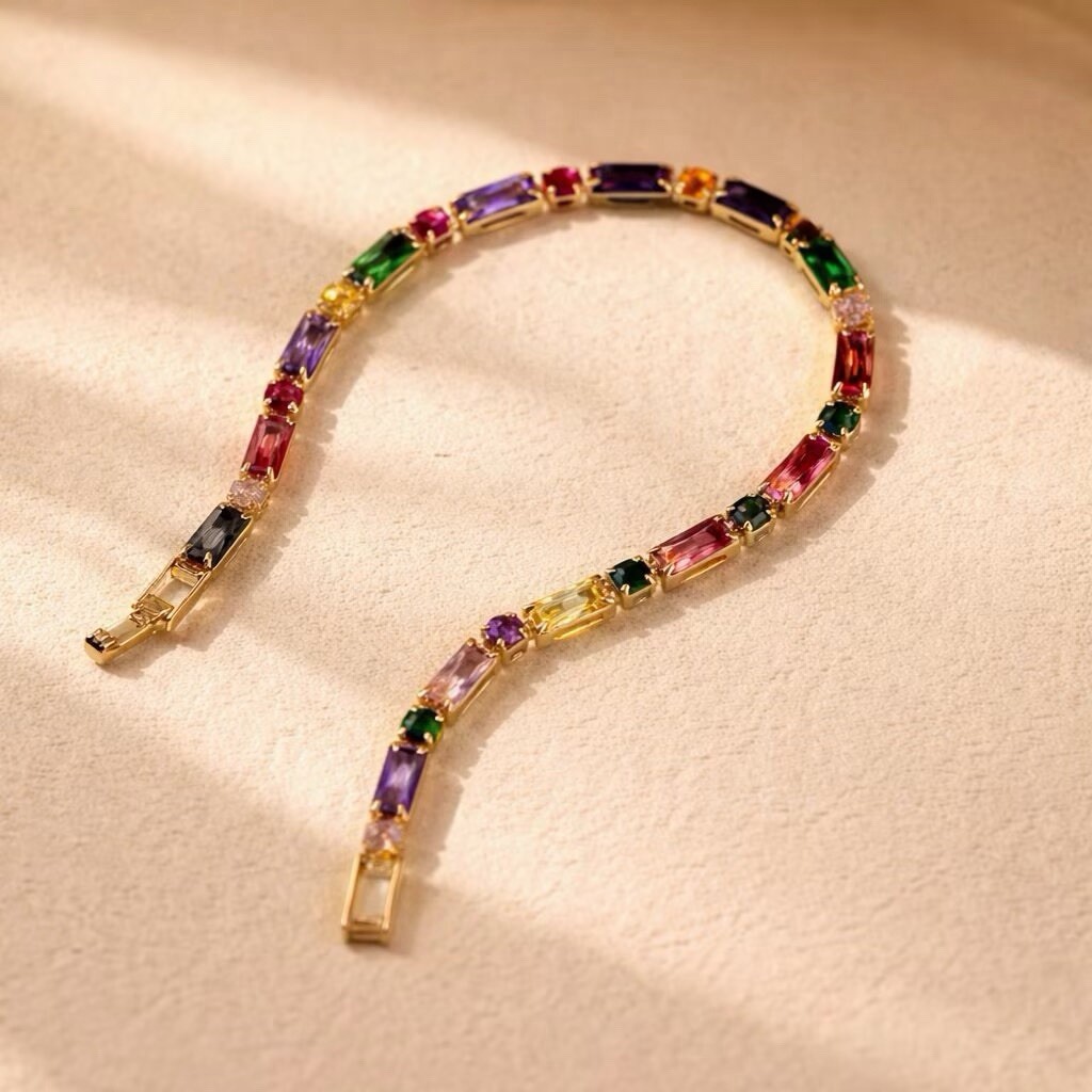 Rainbow Baguette Bracelet,Colorful CZ Bracelet,Birthday Gift for Her, BR036