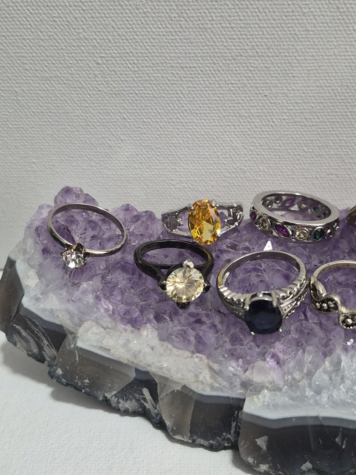 Lot Of 9 Silver Tone Ladies Topaz Rhinestone Rings Various Sizes B458