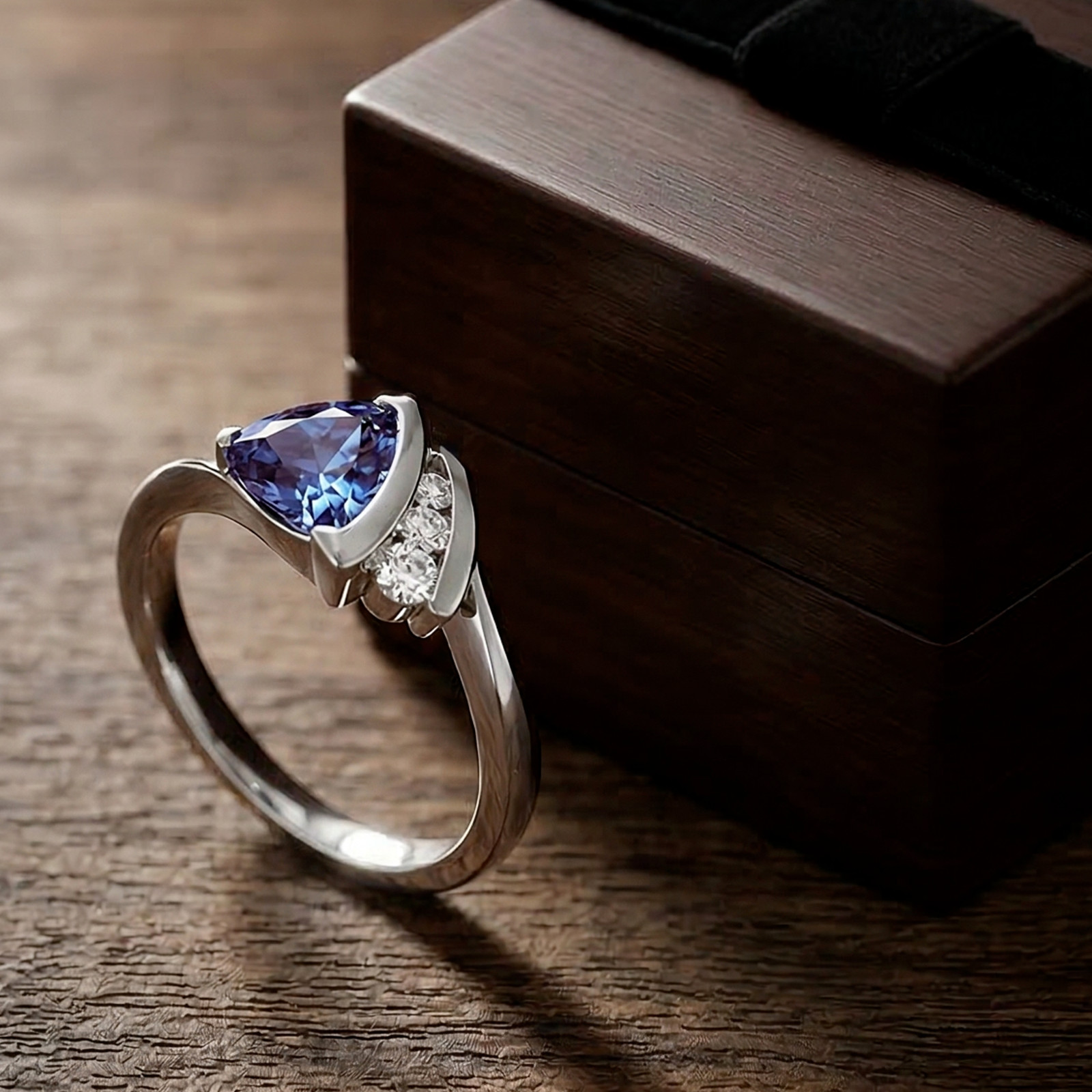 925 Sterling Silver Trillion Cut Alexandrite & CZ Accents Ring, June Birthstone