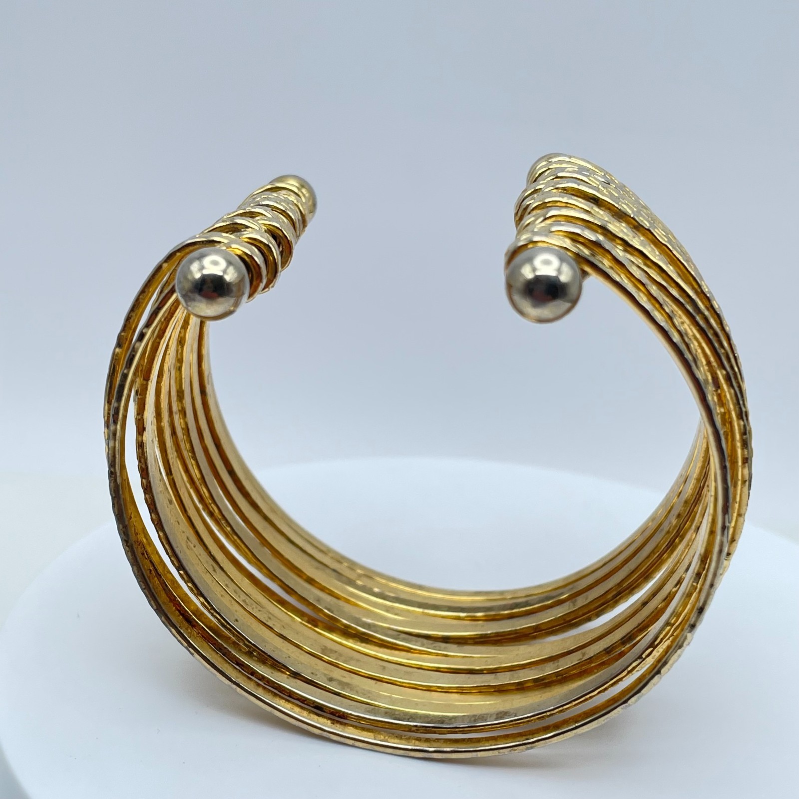 Gladiator-Style Gold Tone Wide Multi-Band Stacked Hammered Open Cuff Bracelet