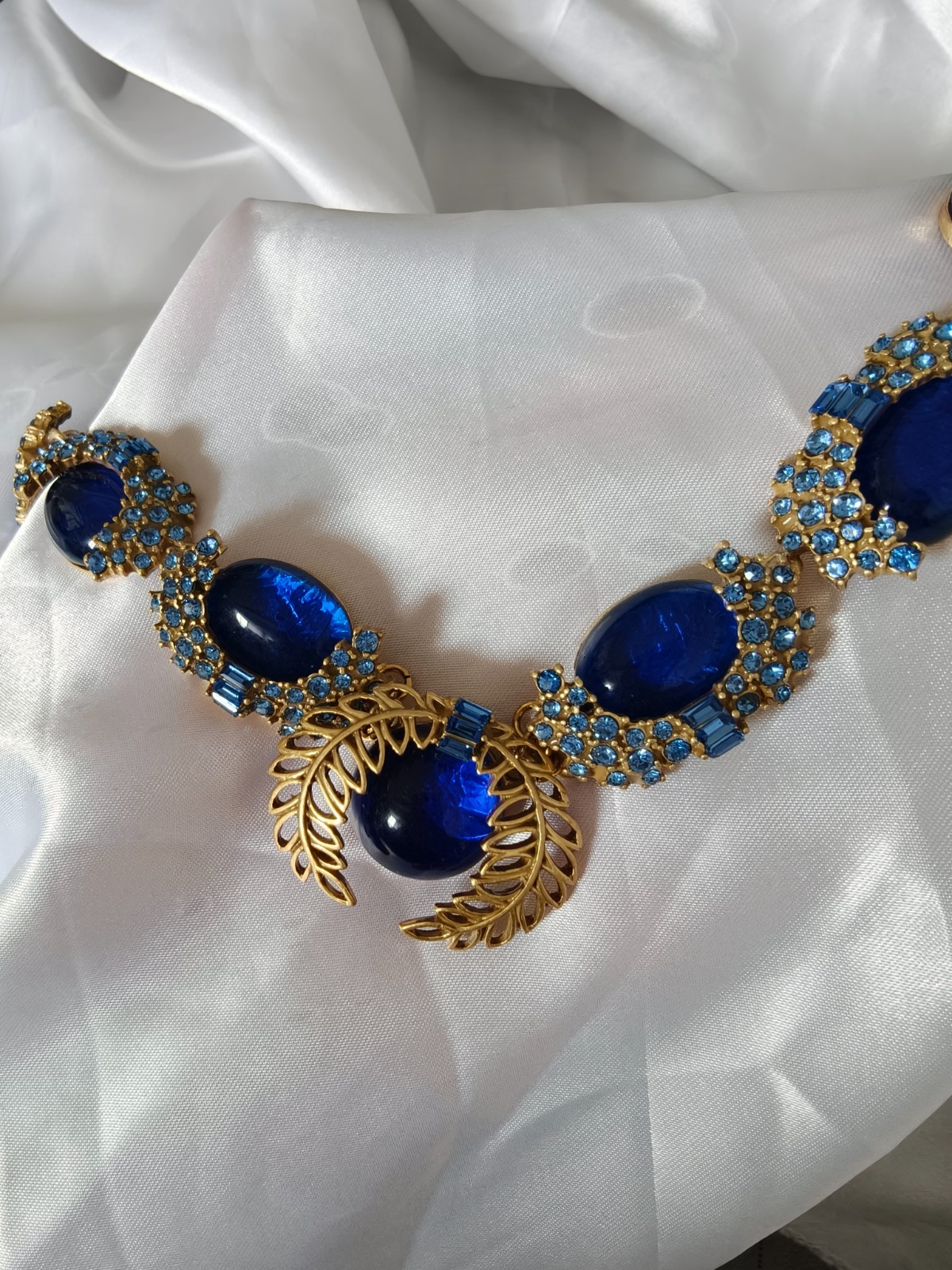 Vintage Style Blue Cabochon Statement Necklace, Gold Tone with Rhinestone Accent
