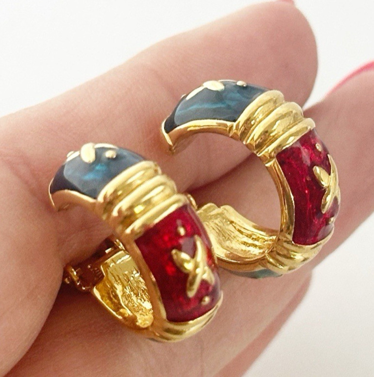 Vintage Joan Rivers Enamel Gold Tone Hoop Clip On Earrings Signed Red Green Blue