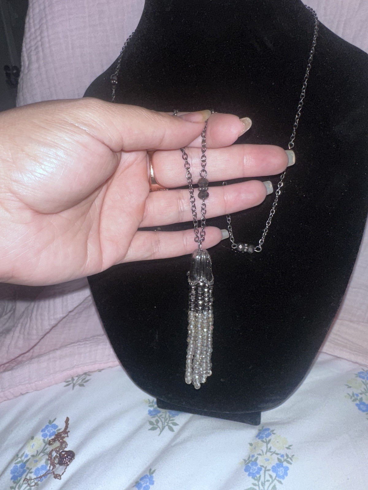 Silver Tone Gray Crystal Tassel Pendant Necklace Cable Chain Adjustable Lobster