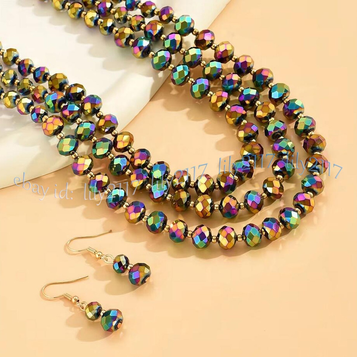 3 Rows Faceted Multicolor Crystal Rondelle Beads Necklace Earrings Jewelry Set