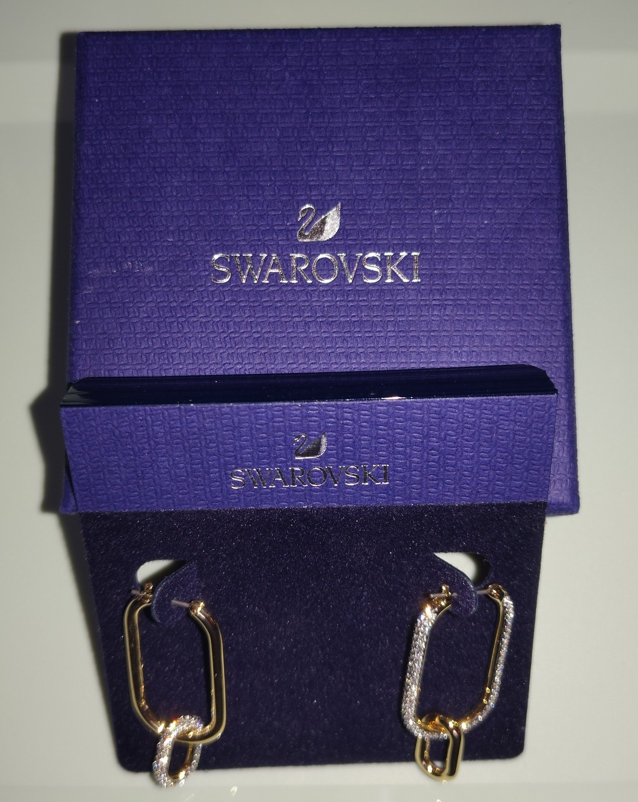 Swarovski Signed SWAN Pave Crystal Time Hoop Earrings Gold Tone Asymmetrical
