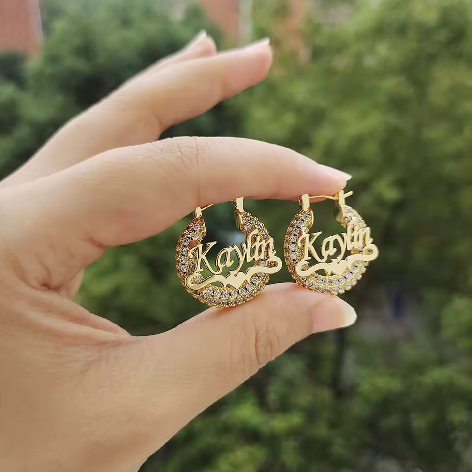 Customized Name 22mm Hoop Earrings Jewelry Women Stainless Steel Heart Zirconia