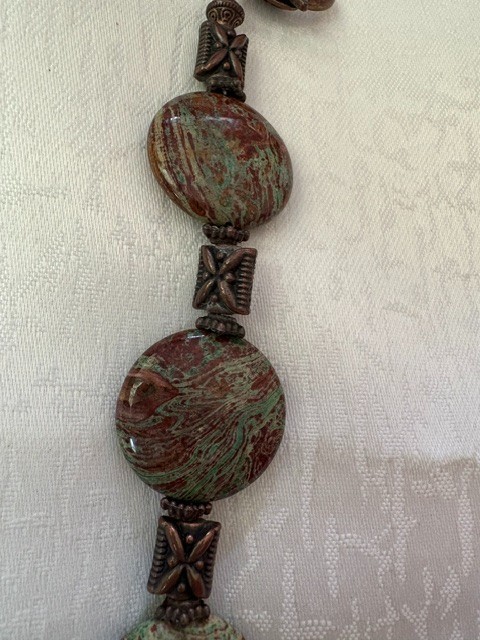 Jasper Disc Bracelet • Green Brown Stones • Copper Tone X Links • 8.5″