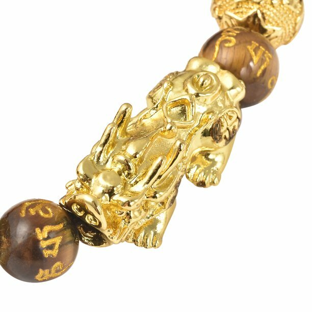 Pixiu Feng Shui Yellow Tigers Eye Carved Beaded Bracelet Gold Dragon Size 6.5″