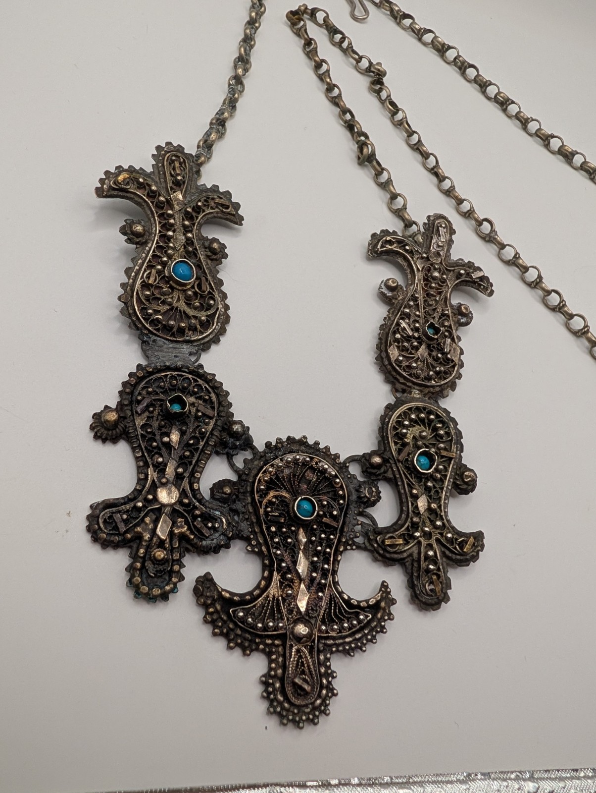 Vintage Middle Eastern Style Filigree Bib Necklace Blue Glass Cabochons