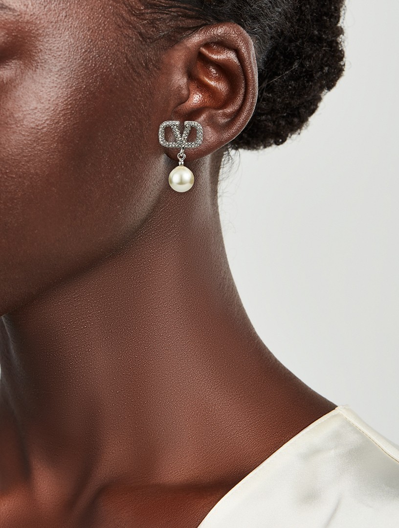 VALENTINO GARAVANI VLOGO Crystal Pendant Earrings With Faux Pearl cream silver