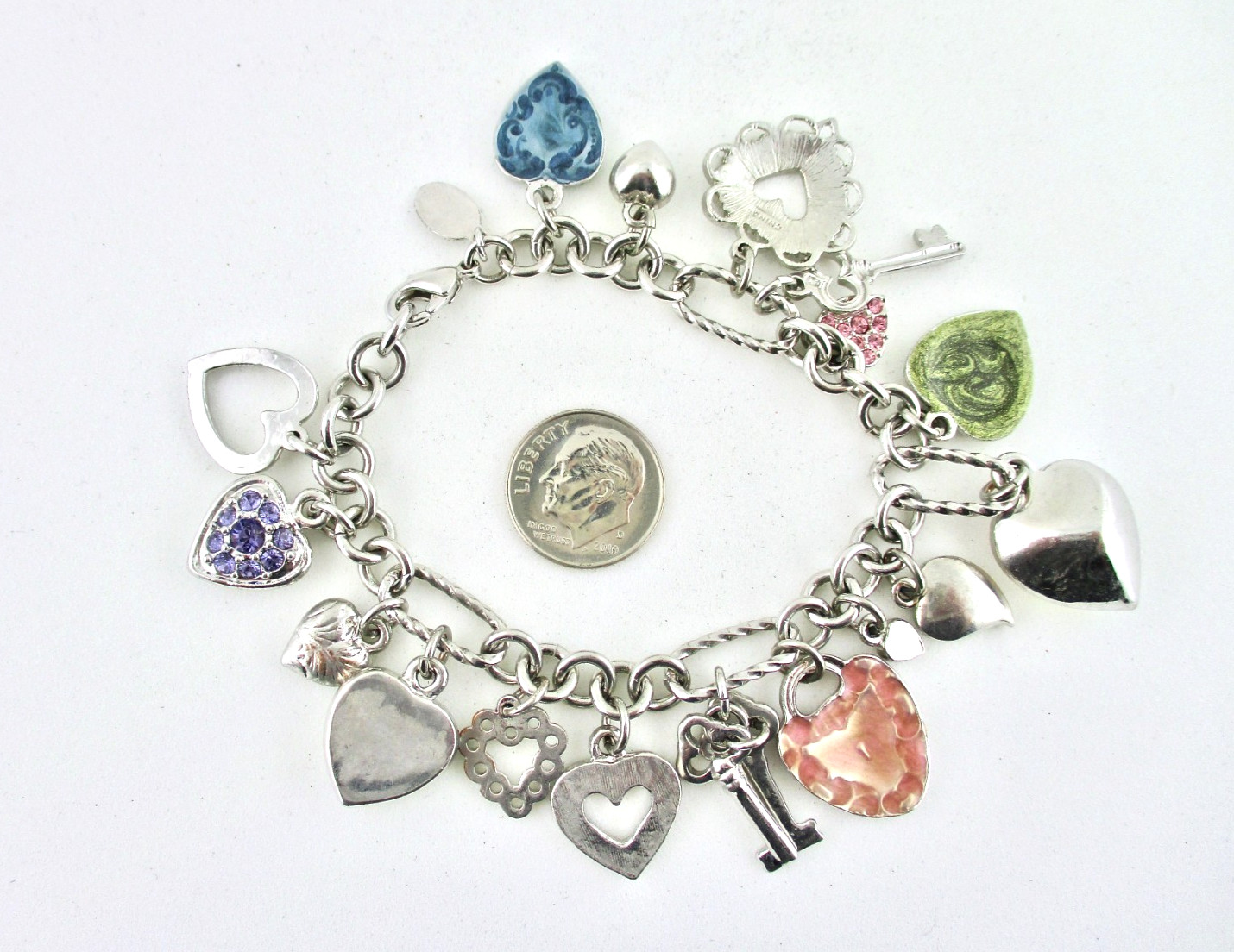 Kirks Folly Charm Bracelet Love Heart Moon Face Key Silver Plate 7” Long