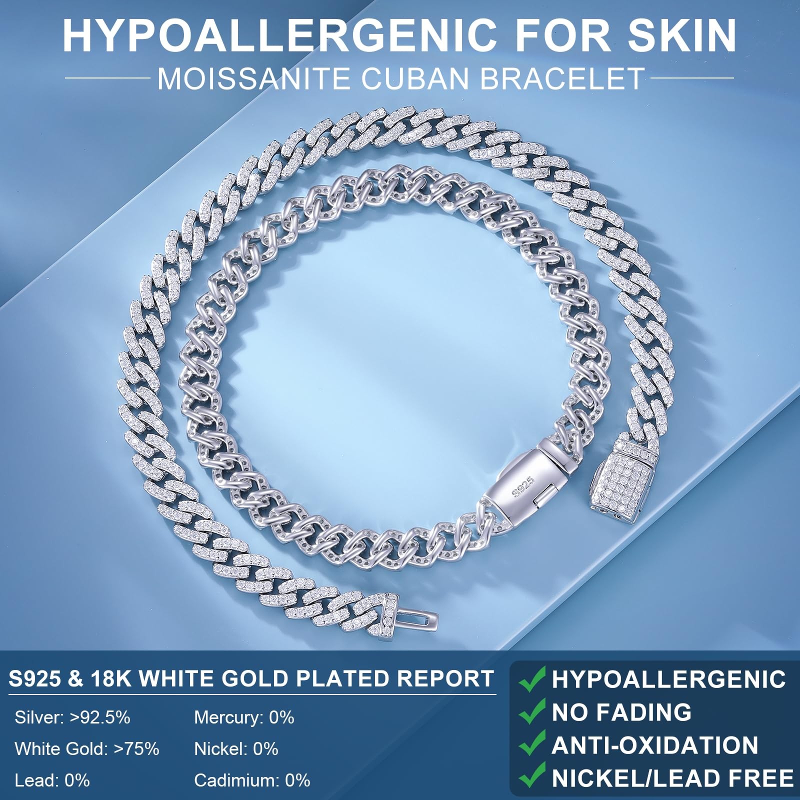 Moissanite Cuban Link Bracelet for Men/Women Simulated Diamond Bracelets