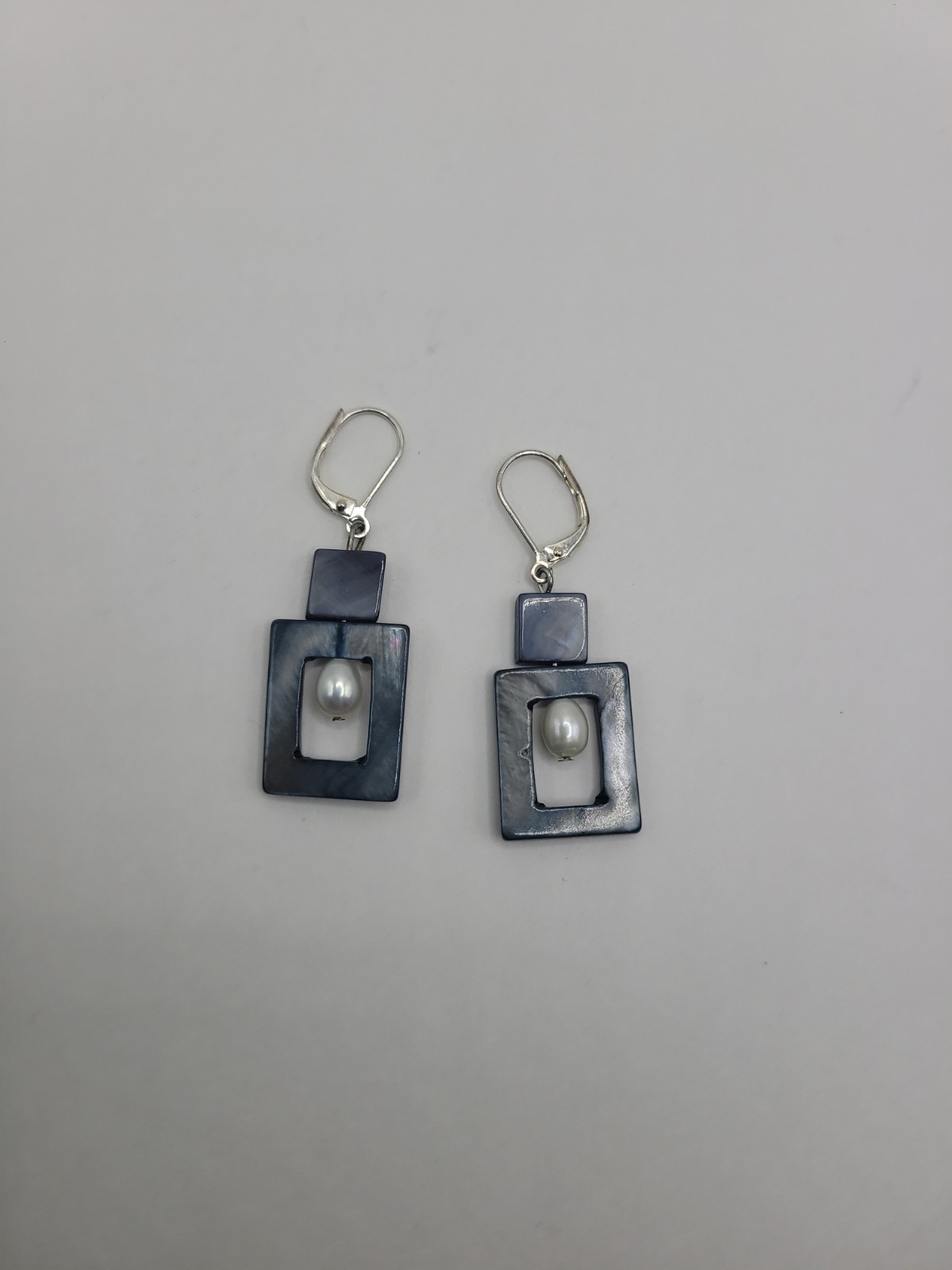 Geometric Gray Blue White Dangle Earrings Silver Tone Rectangle Drop Earrings
