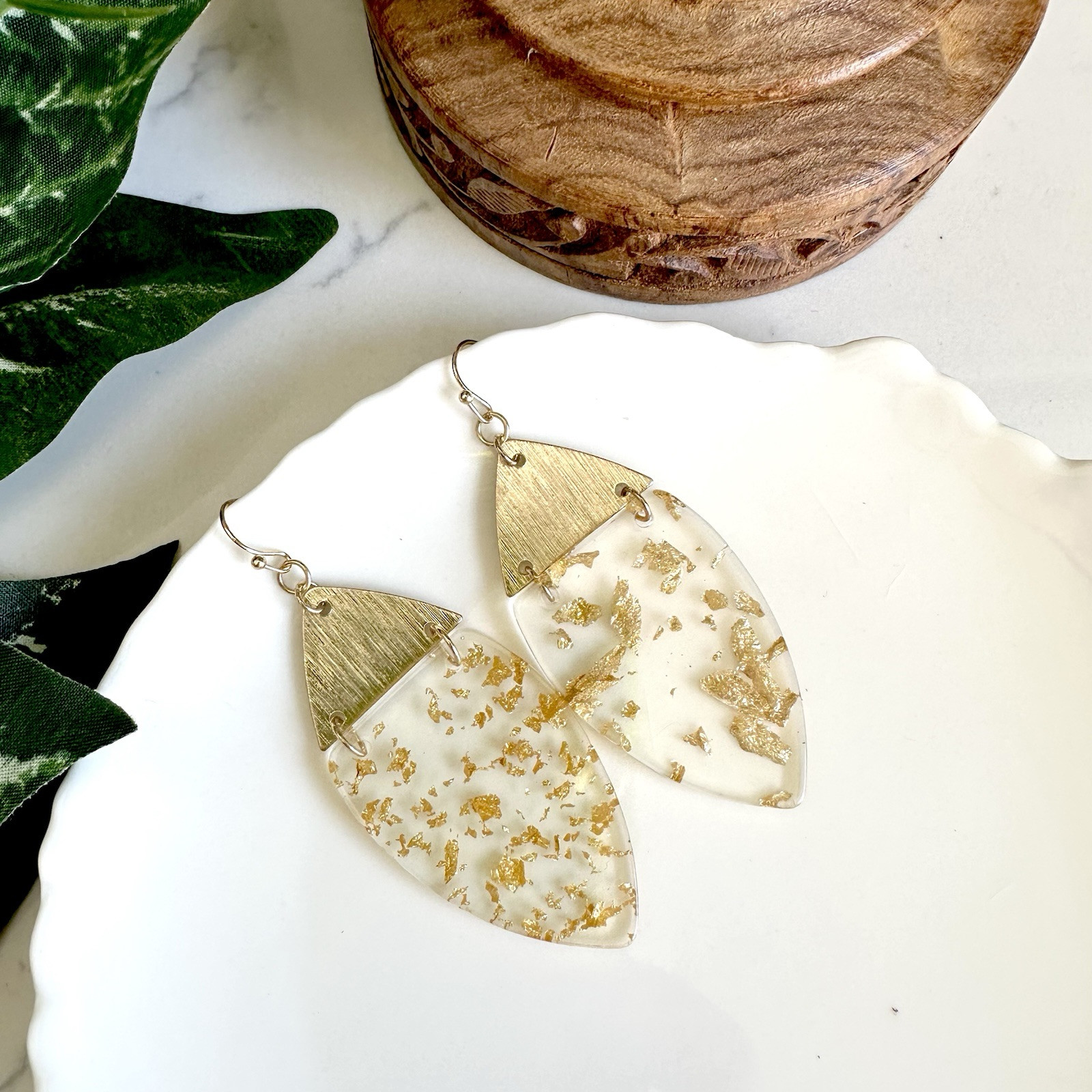 Clear Resin Acrylic Gold Flake Earrings Gold Fleck Gift Jewelry NEW Bohemian
