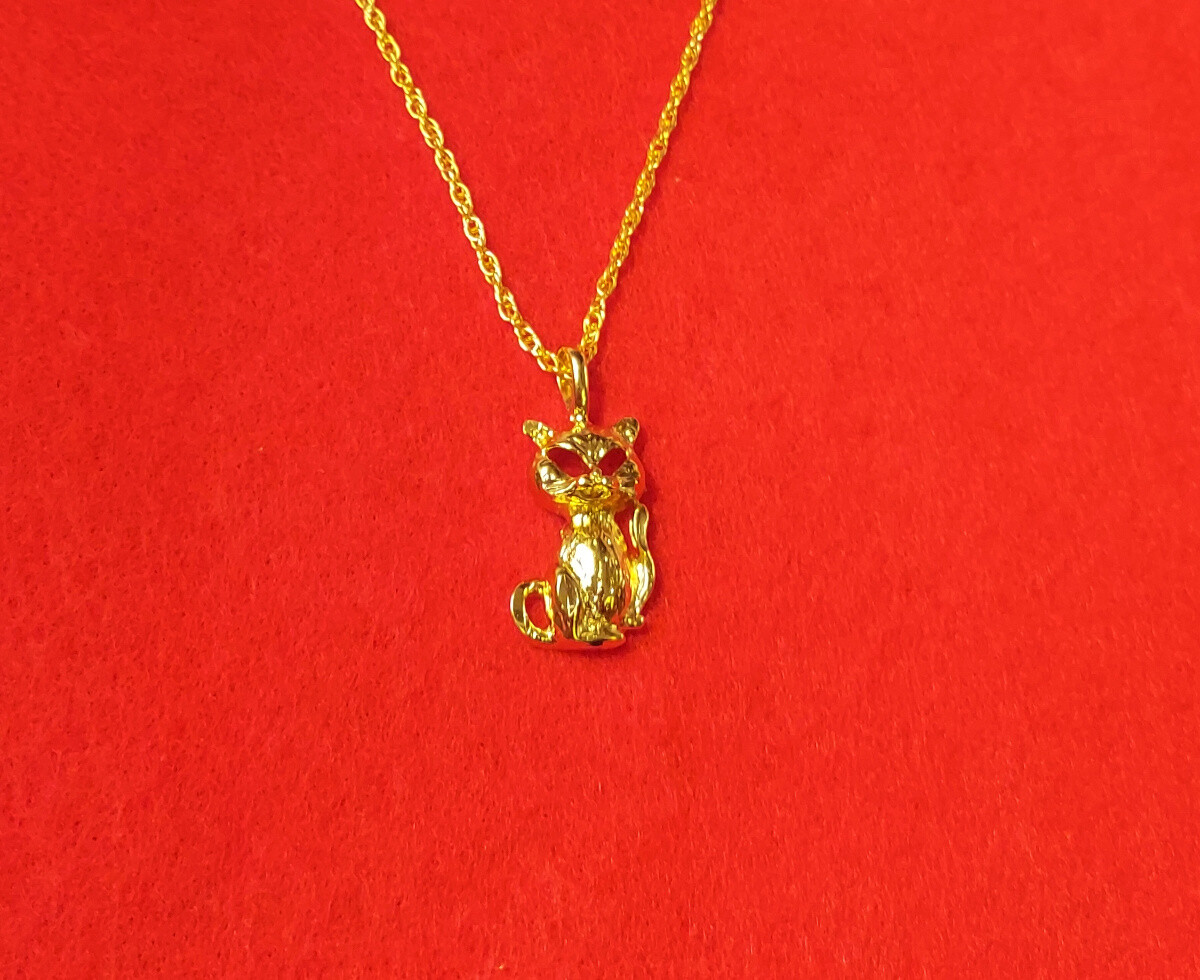 14KT GOLD PLATED KITTEN CAT CHARM PENDANT WITH 16 INCH ROPE CHAIN NECKLACE- 2521