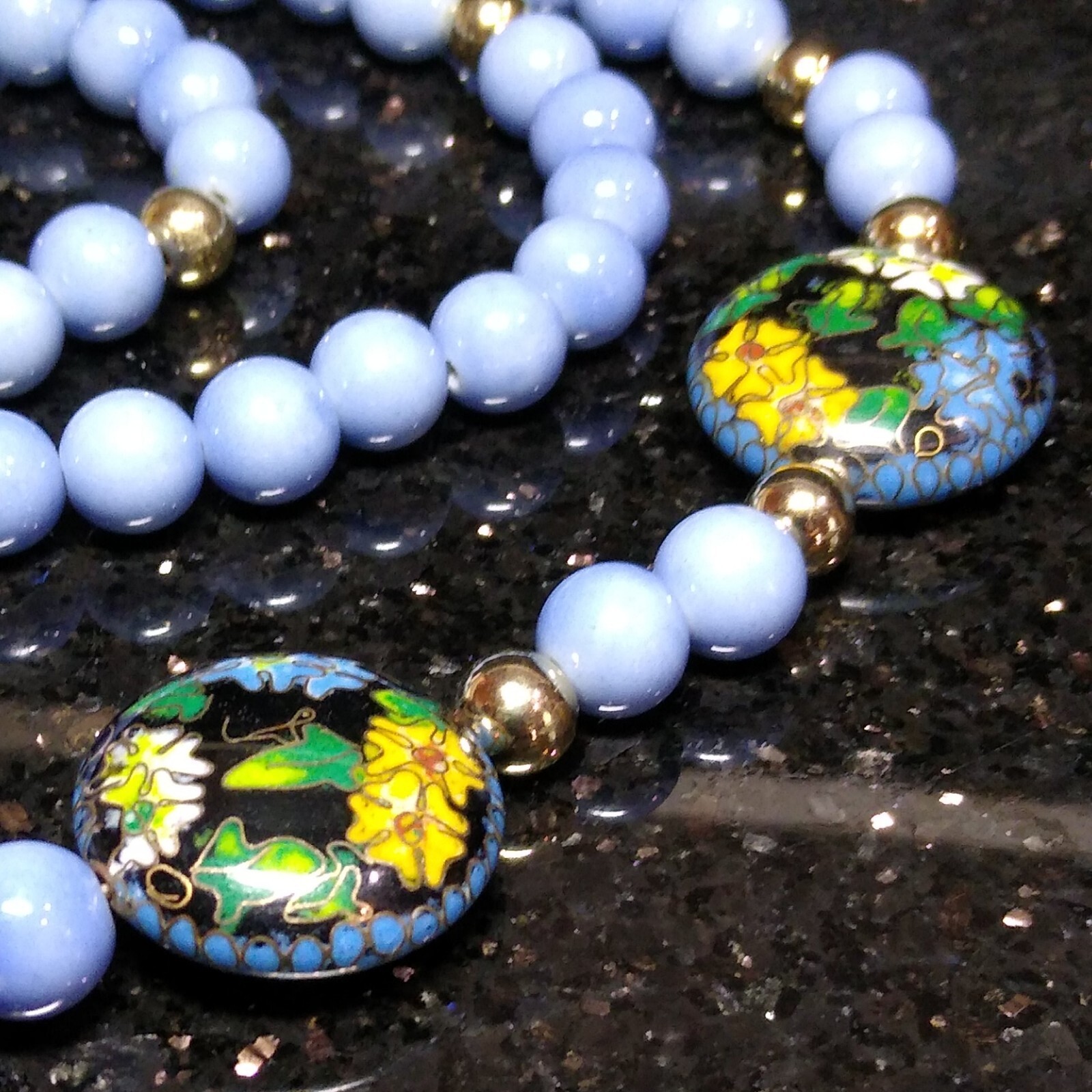 CERAMIC Bead Chinese CLOISONNE Lily Flower Ivy 20″ Necklace Periwinkle Tone EUC!