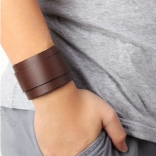 Men’s Punk Wide Leather Wrist Cuff Wrap Bangle Bracelet Wristband Adjustable
