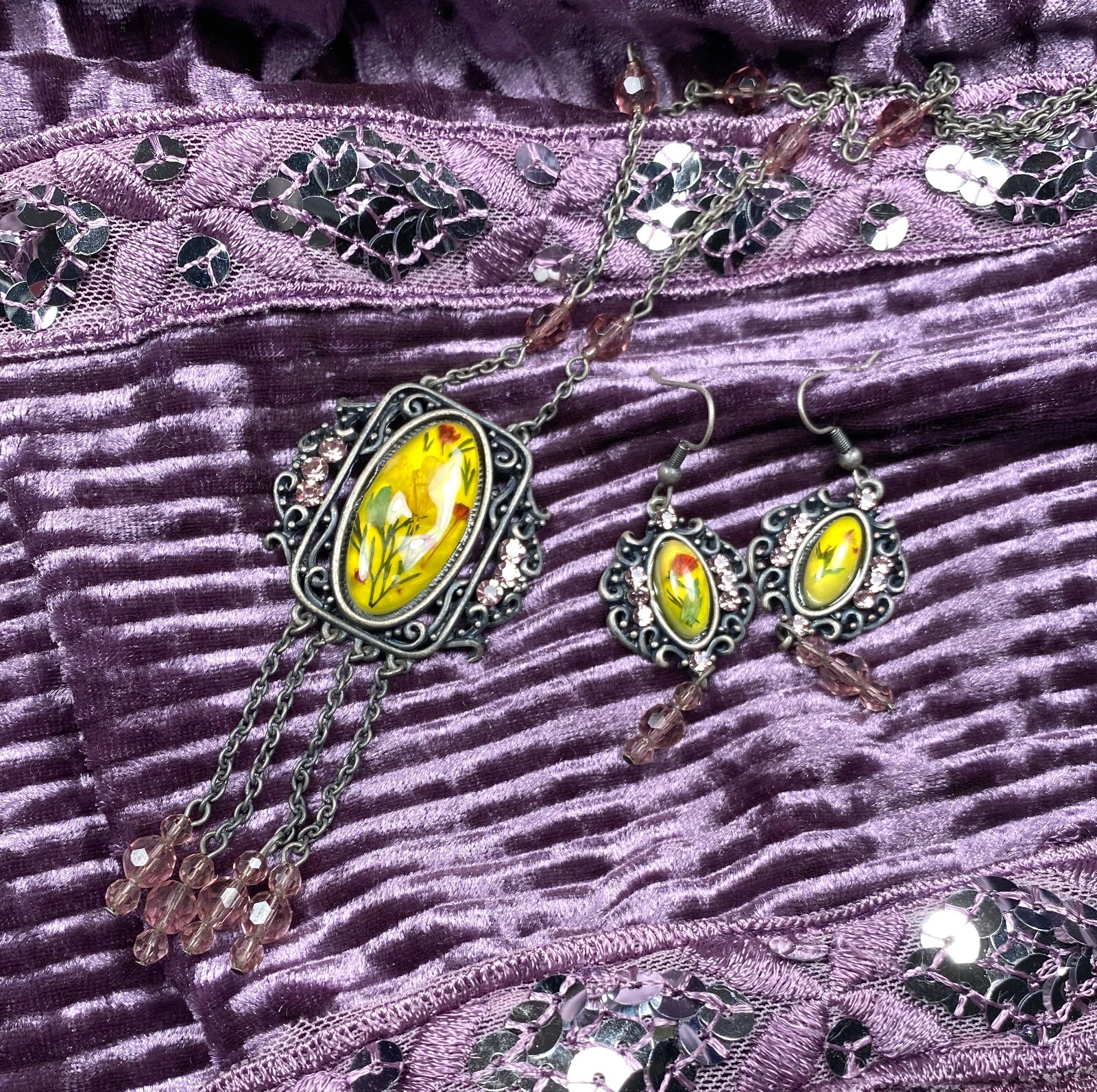 Flower Necklace Earring Set Jewelry Set Bridal Jewelry Purple Floral Vintage